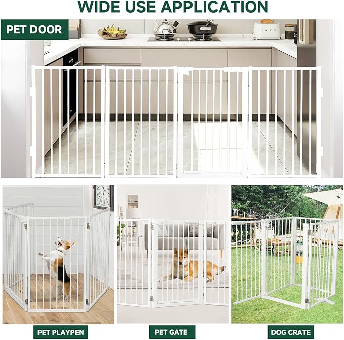 Snagle Paw Metal Freestanding Dog Gate with Door, 80” W x 24” H Dog Fence with Support Feet for Doorways, Stairs and Hallways, Portable Pet Gate for Indoor Use (4 Panel, White)