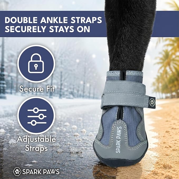 Spark Paws 365 Dog Shoes - All-Season Boots for Winter Snow & Hot Pavement | Water-resistant, anti-slip, stay-on straps - rain, ice & summer booties in one. Reflective; small, medium & large dogs
