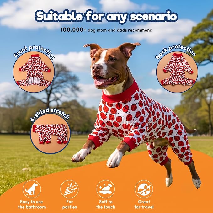 LovinPet Large Dogs Pajamas Clothes, Pitbull Onesie, Slim Fit, Lightweight Pullover Pajamas, Pitbull Clothes, Full Coverage Dog Pjs, Red Ladybug Prints, Full Coverage Large Breed Dog Pjs, 3XL