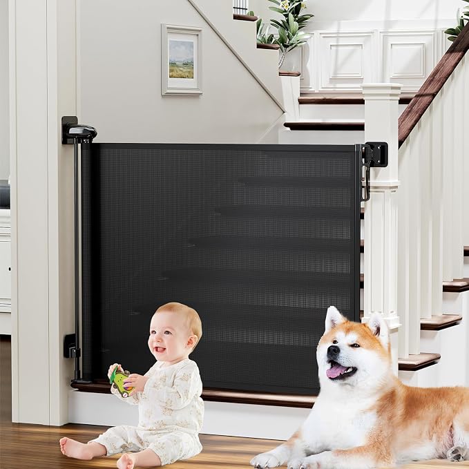 Retractable Baby Gates for Stairs No Drill | Extends to 54" Wide 34" Tall | Black