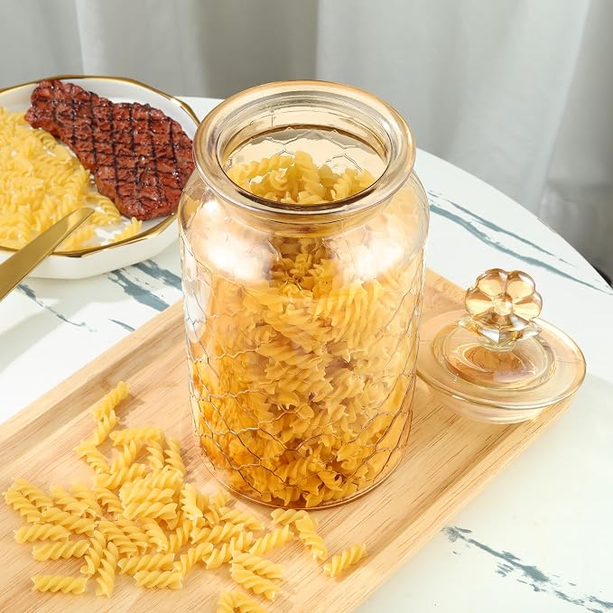 Joeyan 45 oz Amber Glass Storage Jar with Airtight Glass Lids, Vintage Embossed Food Container, Decorative Kitchen Canister Organizer for Candy, Flour, Coffee Bean, Pet Treats