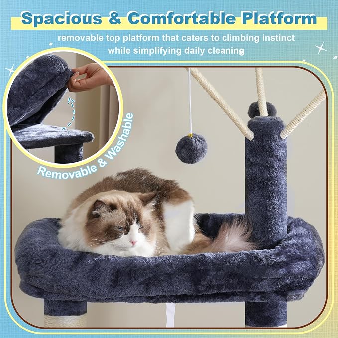 Hey-brother Cat Tree Tower with 3 Condos, Step Climbing Pathway MPJ081G | 74.8 Inches Scratching Post with 3 House, Hammock, Large Basket, Cozy Bed, Sisal Board, Toys for Big Indoor Cats, Smoky Gray