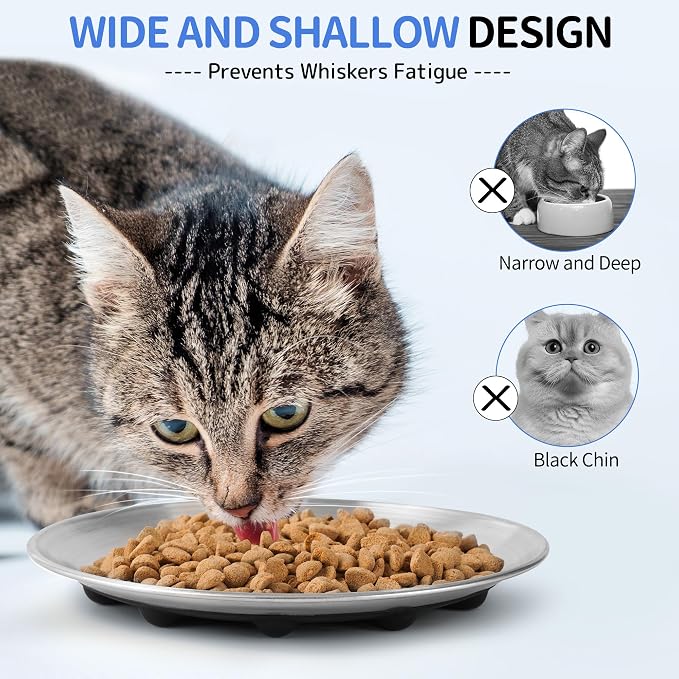 WROSWT Elevated Cat Bowls, Separable Dishes for Solo Use, 304 Stainless Steel Raised Cats Plates for Wet Food, Extra Wide Shallow Design for Whisker Relief, Non-Slip Silicone Base Kitten Feeder, 2 Set