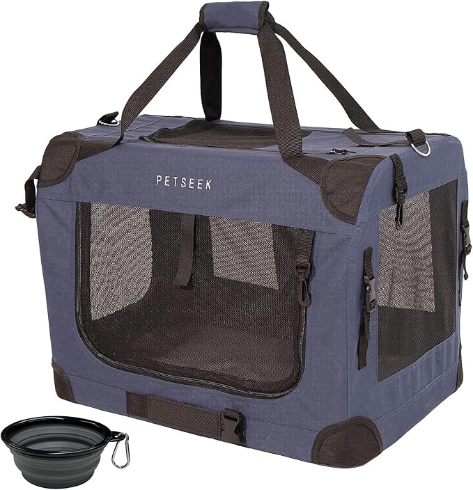 Extra Large Cat Carrier Soft Sided, Portable Small Dog Carrier for 2 Cats, 24"x16.5"x16" Car Travel Folding Comfortable Design with Bowl, Blue