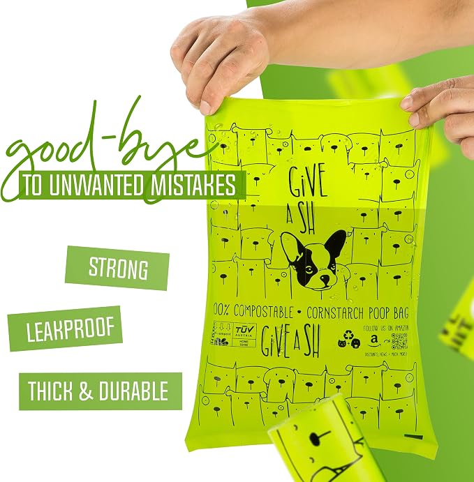 Certified Home Compostable Dog Poop Bags, 120 Plant Based Bags (8 Rolls) | NF T51-800, ASTM D6400 and EN 13432 certified, cornstarch based, extra thick, leak proof, unscented, 10% to charity