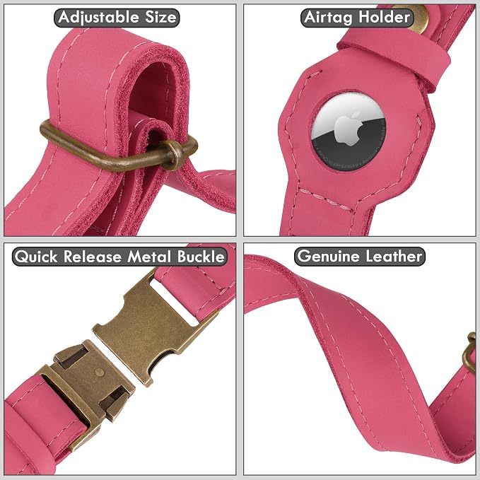 AirTag Dog Collar - Genuine Leather Dog Collar with Apple AirTag Holder and Metal Buckle - Smart GPS Tracking Pet Collars (Pink, L, 17"-21" Neck Fit)