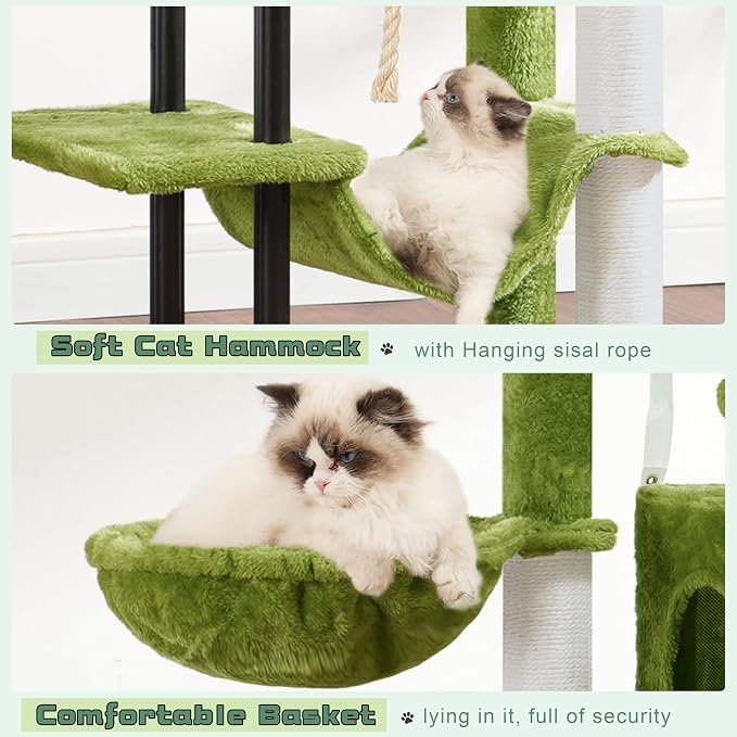 Gitelsnour Cat Tree, 43.3'' Cat Tower with Hammock for Kittens GCT004SGR | Cat Condo House for Small Indoor Cats, Basket, Scratching Post, Large Platform, Sturdy Steel Tube, Sisal Rope, Green