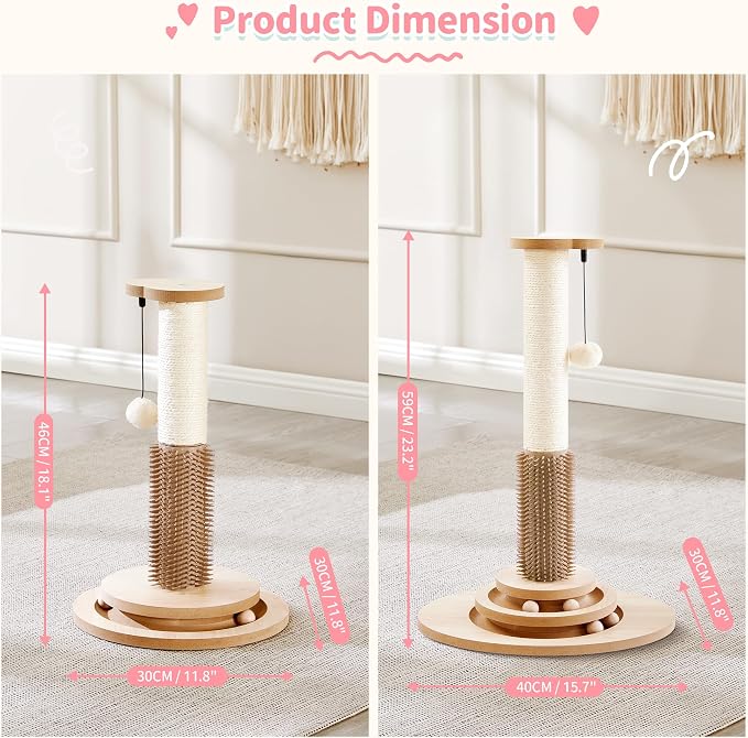 Made4Pets Cat Scratching Post for Indoor Cats with Self Groomer, 23" | Cat Scratcher with Natural Sisal Rope, Stable Base and Interactive Ball Track, Cat Toys for Kittens and Small Indoor Cats