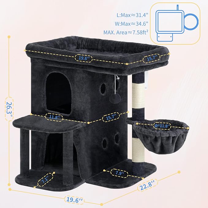 Heybly 26.3" Cat Tree for Large Cats with Big Perch & Dual Condos HCT204SG | 26.3-inch Spacious Cat Tower with Scratching Posts, Stair-Style Cat House Furniture with Cozy Basket & Pompom, Smoky Gray