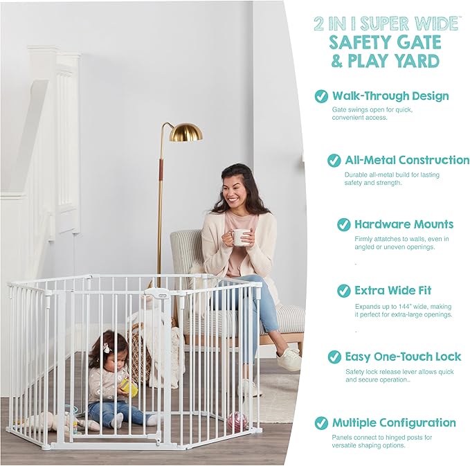Regalo Safety 51.5"-144" Metal 2-in-1 Super Wide Baby Gate & Play Yard | Adjustable Playpen, For Doorways & Open Spaces, For Babies, Toddlers & Pets, White, Tested & Trusted for 30 Years