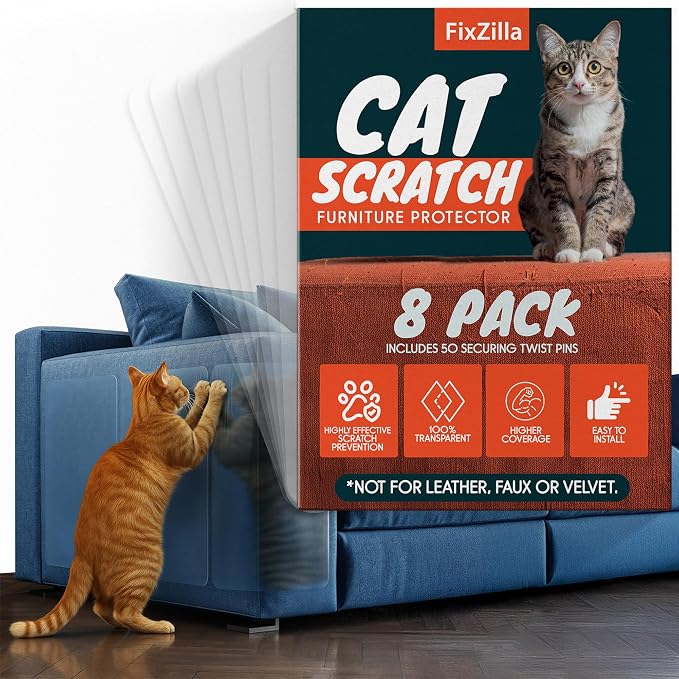 FixZilla Anti Cat Scratch Furniture Protector, 8-Pack Couch Protector from Cat Claws – Heavy-Duty, Easy-to-Apply Scratching Deterrent and Shield for Sofa Corners, Walls, and Doors- with 50 Twist Pins