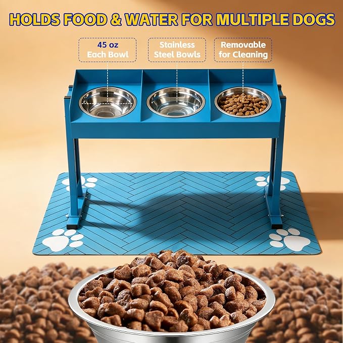 Triple Elevated Dog Bowls Stand for Dogs, Adjustable Raised Dog Bowl Stand with 3 Stainless Steel Bowls, 7 Heights & 3 Tilt Angles, Tall Dog Feeding Station for Large Medium Small Dogs, Mat Included