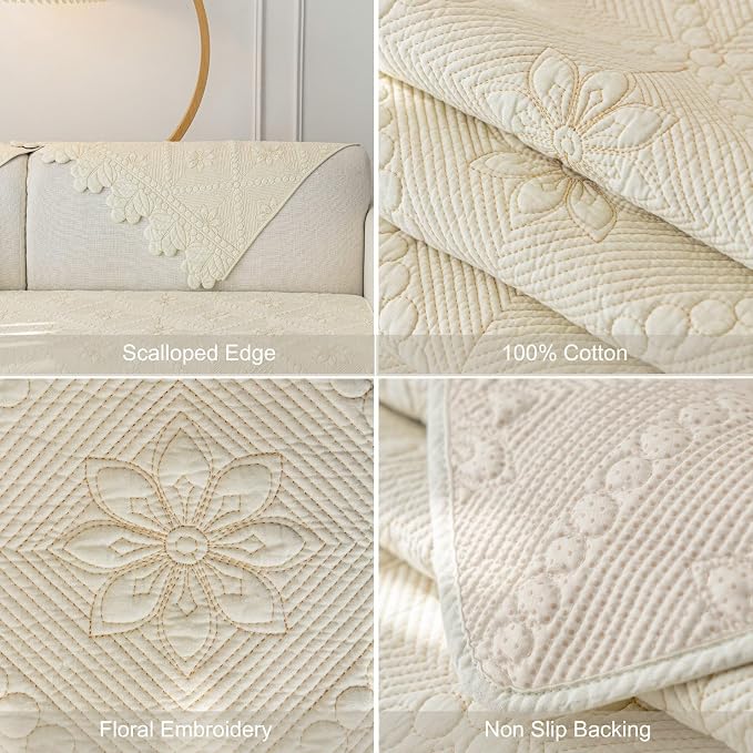 Cotton Quilted Dog Couch Cover for Sofa Farmhouse Rustic Embroidery Sectional Couch Cover Soft Anti-Slip Sofa Slipcover Furniture Protector for Kids, Pets (Ivory,43"x94")