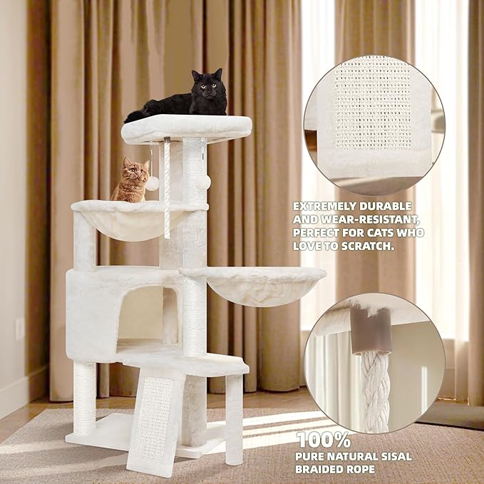 Wang Xin Three Layer Cat Tree with Cat Condo Scratch Pad and Two Hammocks,Beige