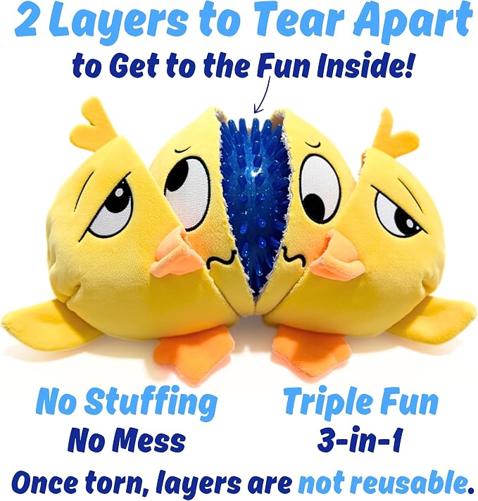 Ducky 3 in 1 Plush Duck Dog Chew Toy with Squeaky Ball Inside for Aggressive Chewers, Super Interactive, No Stuffing, Strong Tough Heavy Durable, Birthday Gift Box for Small & Large Breeds