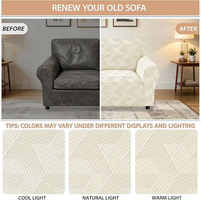 ZNSAYOTX Stretch Couch Covers for 2 Cushion Couch, 1-Piece Loveseat Covers Sofa Slipcover, Furniture Protector with Elastic Bottom for Dogs Geometrical Jacquard Fabric (Medium, Beige)