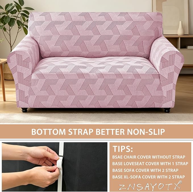 ZNSAYOTX Stretch Couch Covers for 2 Cushion Couch, 1-Piece Loveseat Covers Sofa Slipcover, Furniture Protector with Elastic Bottom for Dogs Geometrical Jacquard Fabric (Medium, Dusty Pink)