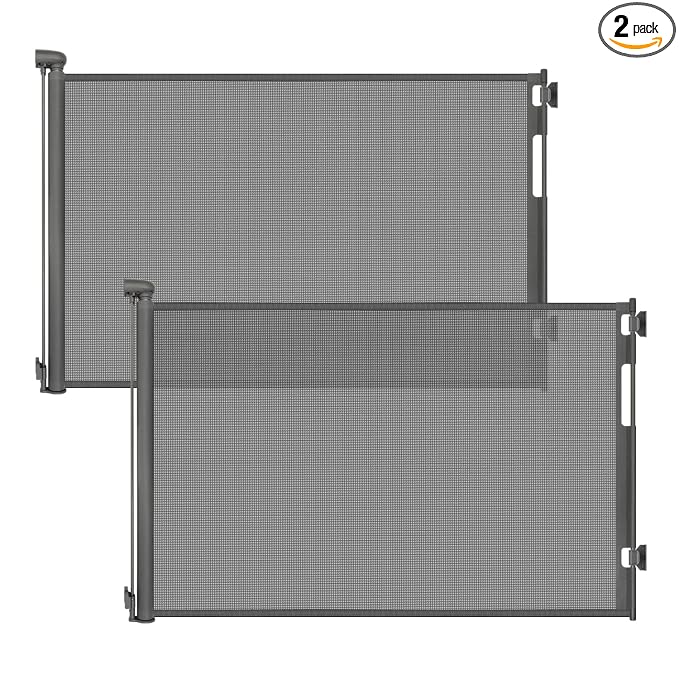 (2 Pack) Retractable Baby Gate for Stairs and Doorways, 55" Wide x 33" Tall Mesh Dog Gate for Indoor & Outdoor Use, Safety Gate for Babies and Pets, Child Gates for Hallways, Hardware Mounted, Gray