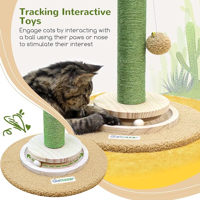 Globlzer 30in Cactus Cat Scratching Post for Indoor Cats, SC30, Green | Stable Cat Scratcher for Kitten Adult Cats, Durable Sisal Rope, Interactive Solid Wood Ball Game, Dangling Ball Toy