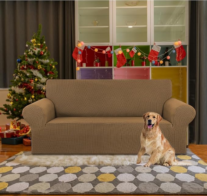 Stretch Loveseat Couch Cover, 2 Cushion Couch Slipcover,Camel | 1-Piece Washable Sofa Cover Pet Friendly (55"-78") Furniture Protector Soft Jacquard, Elastic Bottom for Dogs & Kids