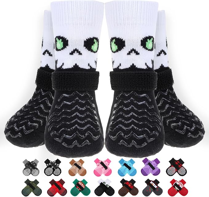 EXPAWLORER Anti Slip Dog Socks to Prevent Licking Paws for Cold Winter, Double Sides Dog Shoes Boots & Paw Protectors Booties for Hardwood Floors with Grip Small Medium Large Senior Dogs Halloween L