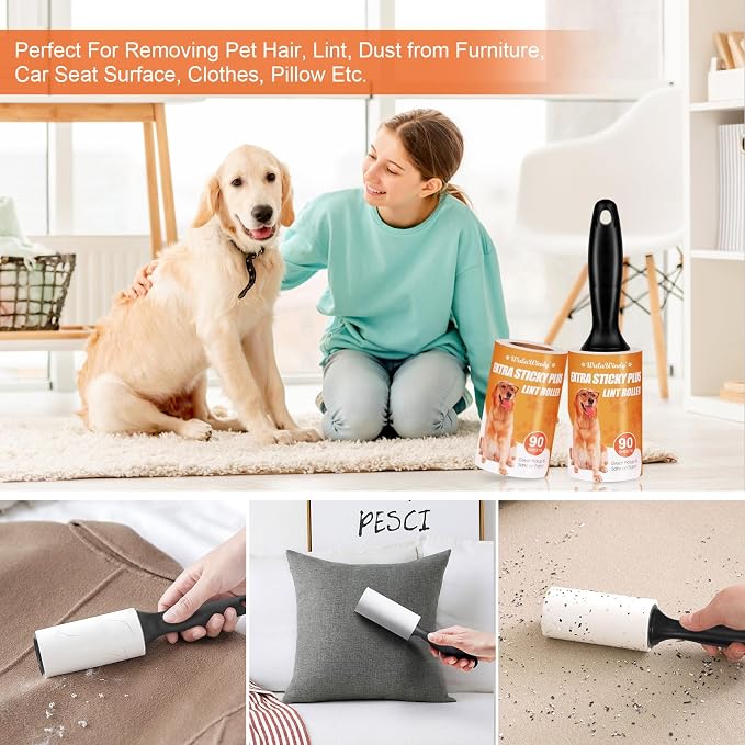 WulaWindy Extra Sticky Lint Rollers for Pet Hair, 6 Rolls, 2 Handles | Extra-sticky lint rollers with 6 rolls and 2 reusable handles for pet hair, lint and dust on clothes, sofas and furniture.