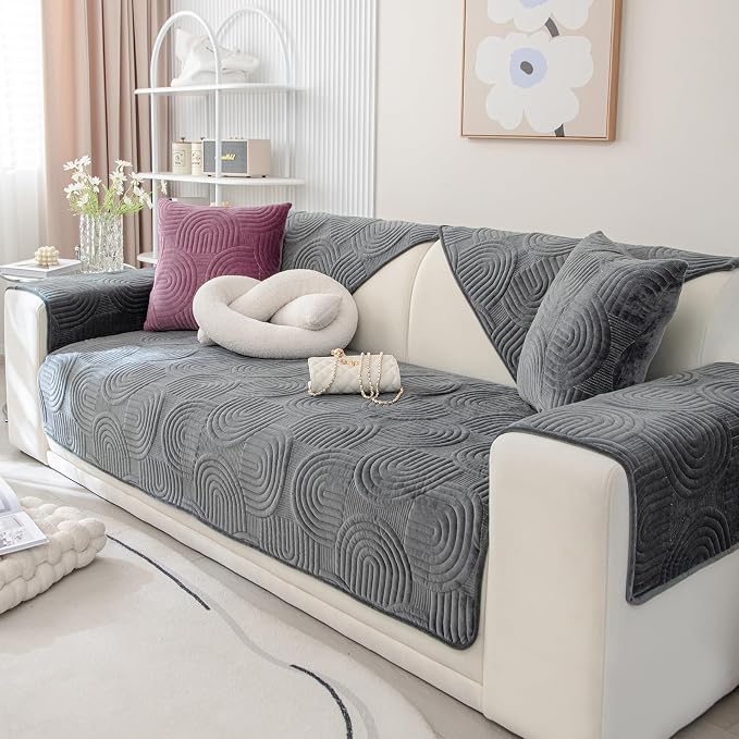 Soft Plush Geometric Quilted Couch Sofa Cover Boho Non Slip Fuzzy Sectional Couch Cover Solid Color Washable Sofa Slipcover Furniture Protector for Kids Dogs Cats (Dark Grey,43"x82")