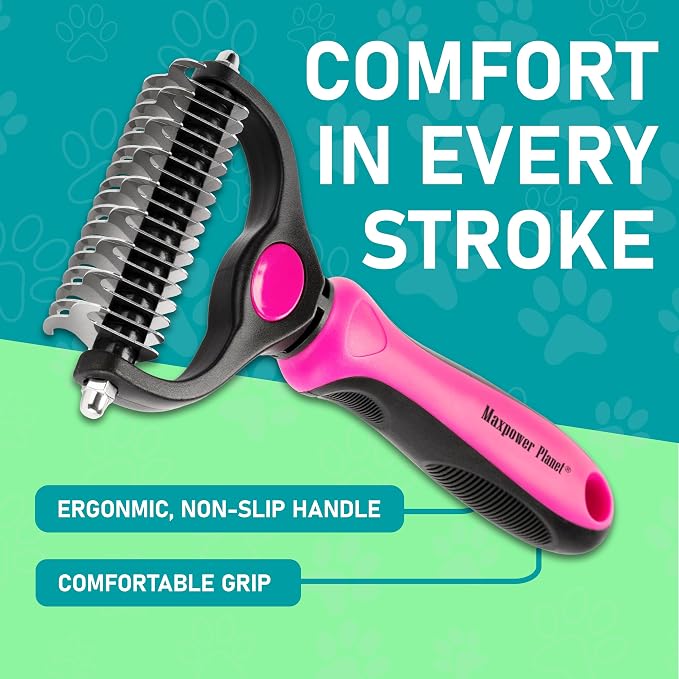 Maxpower Planet Hair Brush - Double Sided Shedding, Dematting Undercoat Rake for Dogs, Cats - Extra Wide Dog Grooming Brush, Pink | Pink, Deshedding & Dematting, Extra-Wide Double-Sided Comb, Long-Haired Coats, Reduces Shedding, Original Design