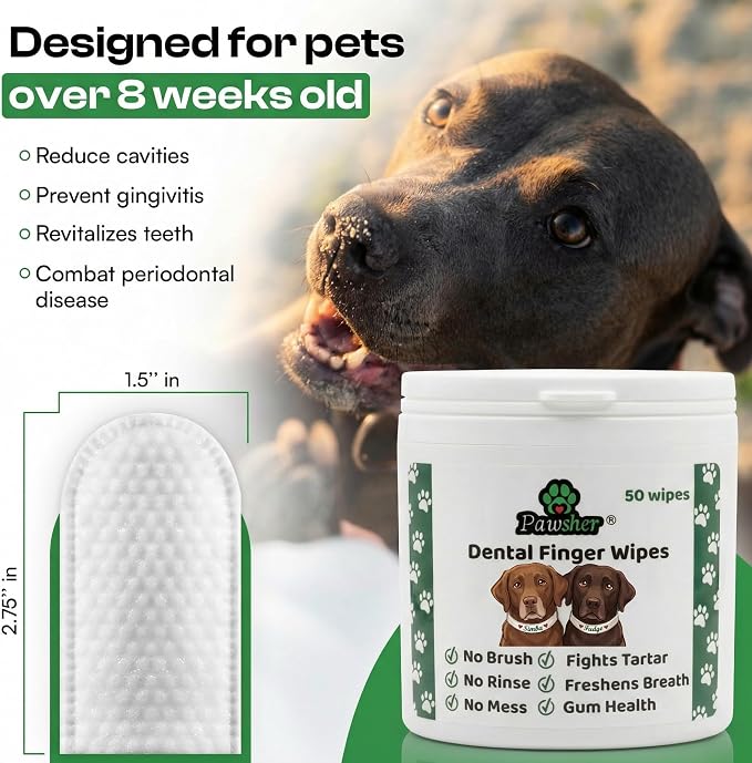 Dog Teeth Cleaning Wipes - Natural Coconut Oil & Aloe - Dental Wipes for Dogs - No-Rinse Pet Dental Finger Wipes - 50 Count