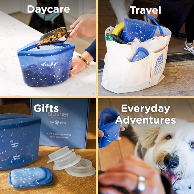 Stasher Dog Reusable Silicone Food Storage Essentials, 5 Piece Starter Kit | 4-Cup Dog Travel Bag, Treat Bag, and Dog Food Can Lids, Food Safe, Airtight Seal, Leak-Free, Freezer, Dishwasher, Pet Travel