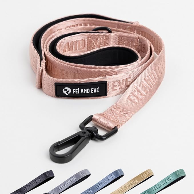 Fei & Eve Classic Dog Leash | Soft-Touch 210D Nylon, Dual Padded Handles, Traffic Handle, Tangle-Free, Heavy Duty, Blush, 6FT