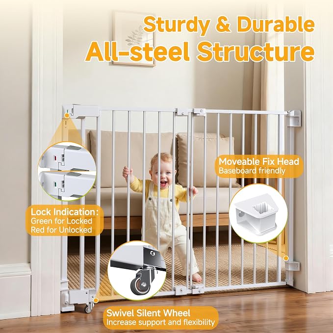 29.7"-45" Baby Gate for Stairs, Metal Pet Dog Gate for Doorways Indoor, 2 Installation Positions, Hardware Mount, 29.1”H Walk Through Safety Child Gate for Kids Toddler, White