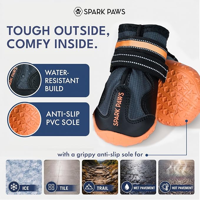 Spark Paws 365 Dog Shoes - All-Season Boots for Winter Snow & Hot Pavement | Water-resistant, anti-slip, stay-on straps - rain, ice & summer booties in one. Reflective; small, medium & large dogs