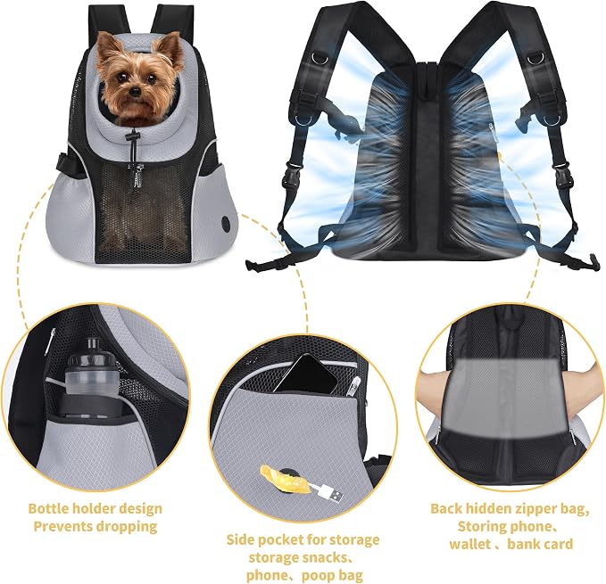 WOYYHO Pet Dog Carrier Backpack, Ventilated Mesh Small Dog Front Backpack | Breathable Puppy Back Pack, with Safety Belt, Storage Pockets, for Travel Hiking Cycling Outdoor Adventures, Grey, M