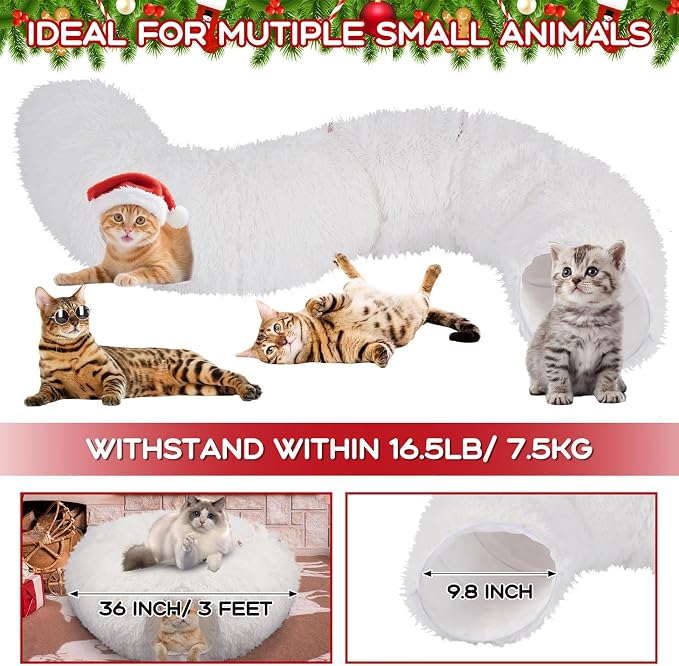 Hollowfly Christmas Cat Bed Tunnel 3ft x 3ft x 9.8in Under Tree Cat Donut Tunnels for Indoor Kittens Xmas Winter Plush Peekaboo Cave Toy Collapsible 3 Way for Small Kitty(Fluffy)