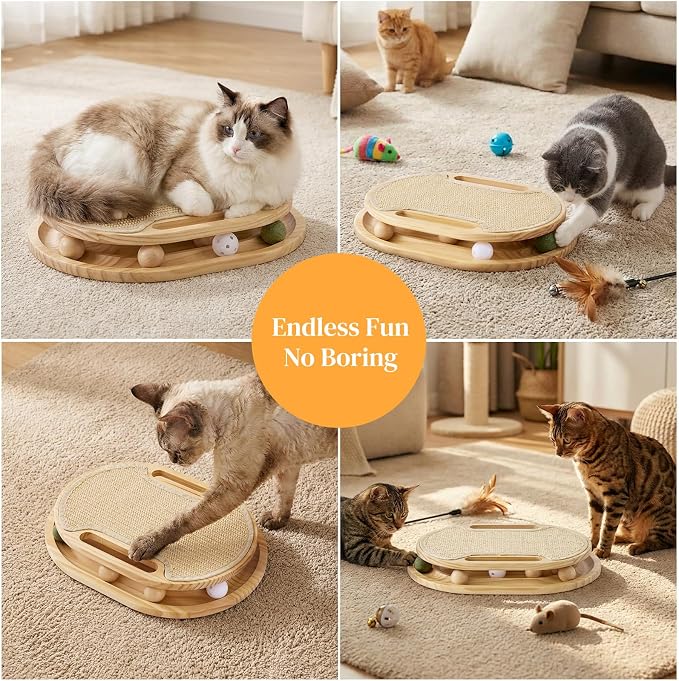 ZOMISIA Cat Scratcher with Ball Track Toy, Sisal Scratch Pad for Indoor Use | Wooden Interactive Cat Puzzle Toys for Adult Cats, Kitten Mental Stimulation Self Play Home Enrichment, Spinning Balls