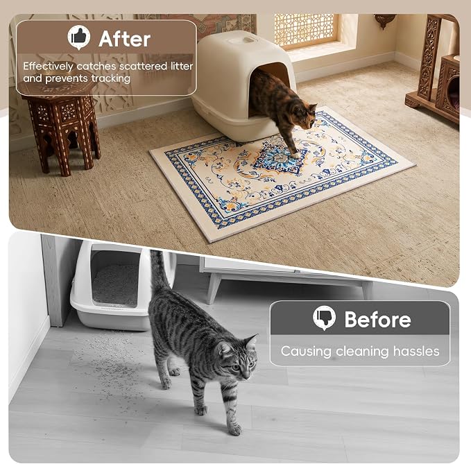 Bienbee Cat Litter Mat, 2PCS 33"x22" Machine Washable Litters Box Mats Non-Slip &Waterproof Cat Litters Trapping Mats Easy to Clean Mat for Litter Box Less Waste Protects Floors Blue and Gold L