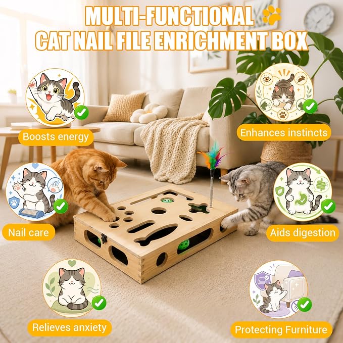 Large Cat Nail File Box, Sturdy Wood with 3 Small Balls & 2 Cat Teaser | Cat Scratch Puzzle Box with Sandpaper Inside Requires No Installation, Cat Puzzle Toys for Scratching & Interactive Play