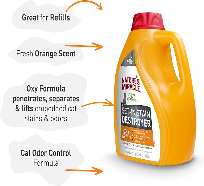 Nature's Miracle Oxy Set-In Stain Destroyer, Cat Odor Control, 1 gal | Oxy Formula Penetrates, Separates & Lifts Embeded Stains & Odors With A Fresh Orange Scent, Safe For Pets & Home