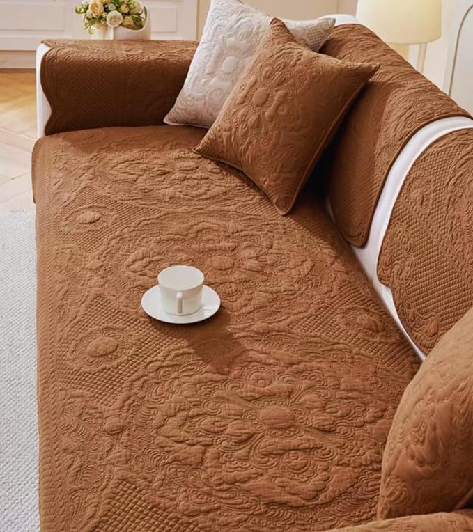 Luxury Vintage Cotton Embroidery Sofa Cover Soft Farmhouse Seat Cushion Cover Floral Quilted Sectional Couch Cover Anti-Slip Sofa Slipcovers Furniture Protector for Dogs Cats (Orange,36"x94")