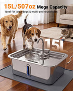 3.96Gal/15L Large Dog Water Fountain with Pet Feeding Mat and 3 Filters | Stainless Steel Pet Water Fountain for Dogs Cats, Dog Water Bowl Dispenser with Visible Window, Alert Light, Quiet Pump