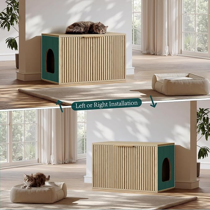 Evermagin 31.5" Cat Litter Box Enclosure Furniture | Oak Hidden Litter Box Cabinet, Modern Indoor Cat House, Fluted Kitty End Table for Living Room, Bedroom, Entryway