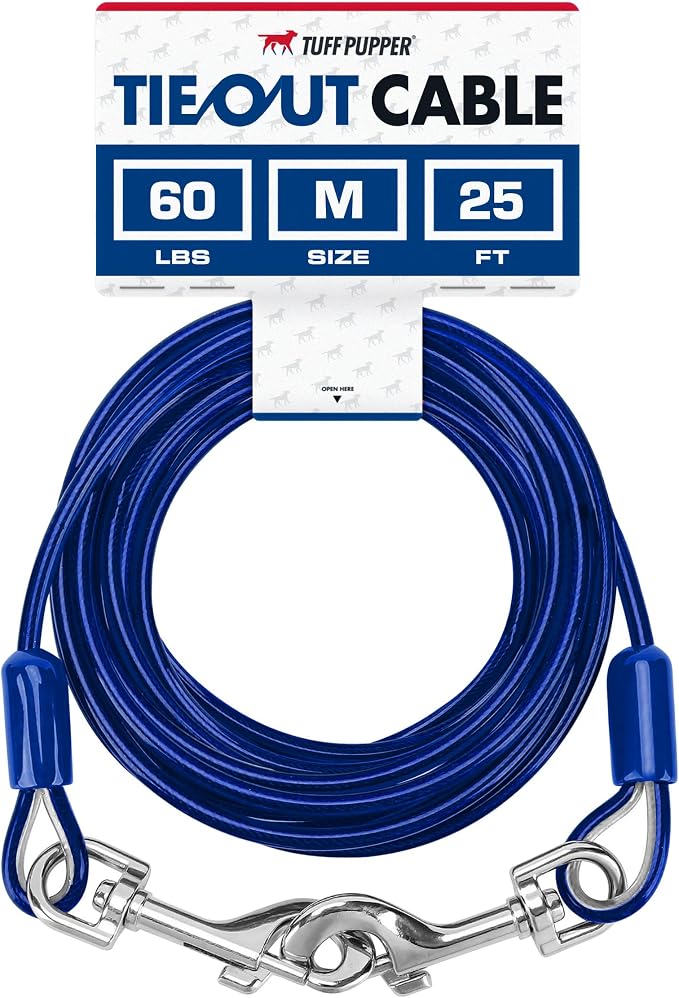 Tuff Pupper Dog Tie Out Cable, 25 ft Heavy Duty Lead for up to 60 lb Dogs | Extra-Strong Coated Steel Wire for Large Dogs; Water/Rust Resistant Yard Runner Line with 360-Degree No-Tangle Swivel Clips