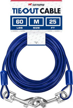 Tuff Pupper Dog Tie Out Cable, 25 ft Heavy Duty Lead for up to 60 lb Dogs | Extra-Strong Coated Steel Wire for Large Dogs; Water/Rust Resistant Yard Runner Line with 360-Degree No-Tangle Swivel Clips