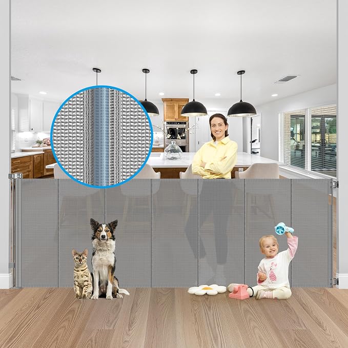 Reinforced 42" Extra Tall X 120" Extra Wide Retractable Dog Gate for Doorways Wide Pet Gate Indoor Prevent Kid/Pet Jumping Over Tall Retractable Baby Gates for Dogs Outdoor Dog Gates for Doorways,Gray
