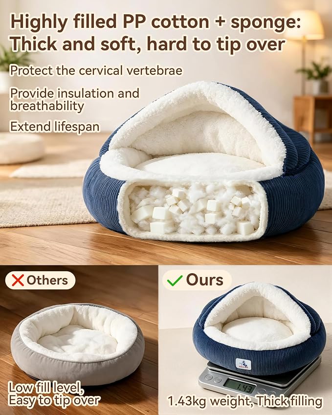 Calming Cozy Dog Cave Cover Bed, Small Doggy Anti Anxiety, Washable | Not Collapsing, Stand Up Hooded Cover, Cozy Round Fluffy Cocoon Beds Medium Cat, 2 in 1 Removable, Neck Support, Blue
