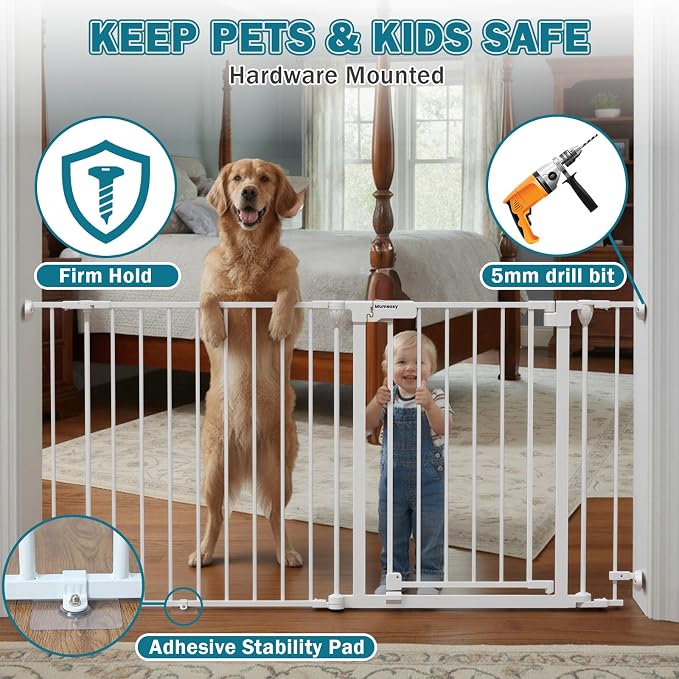 Mumeasy 80" Extra Wide Baby Gate for Doorways & Stairs, Dog Gate Indoor | Hardware Mounted Pet Gate, Auto Close Walk Thru Door, Large Child Safety Fence for Outdoor, Deck, Yard, 3 Metal Panels, White
