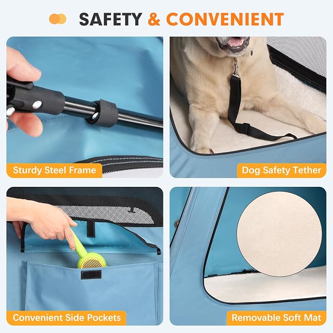 Snagle Paw Portable Dog Crate for Car Travel, Collapsible Large Dog Travel Crate with Metal Frame & 3-Door Mesh Windows, Secures in Trunk/Backseat, Soft-Sided Kennel Carrier for Medium Large Dogs-XL