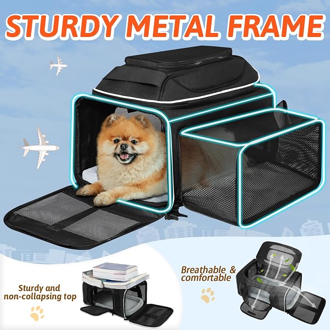 Petskd Top and Side Expandable Small Pet Carrier Airline Approved, Black | 17"Lx11"Wx9.5"H, for Alaska Airlines, Pets Under 10 Lbs, Lockable Zippers,Soft-Sided, Anti-Scratch Mesh