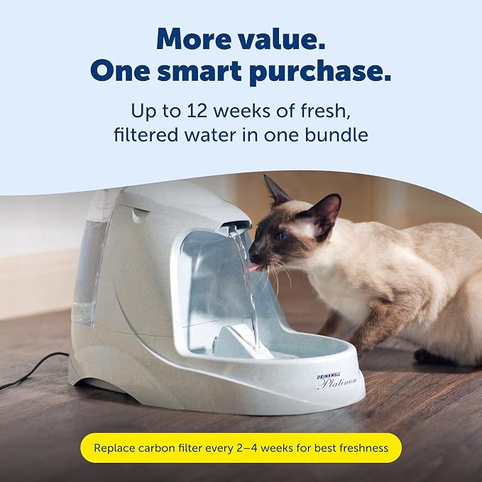 PetSafe Drinkwell Platinum Cat Fountain, Includes 3 Carbon Filters | 168 Oz Capacity, Falling Stream Encourages Drinking, Adjustable Flow, Top-Shelf Dishwasher Safe, 3 Filters Included